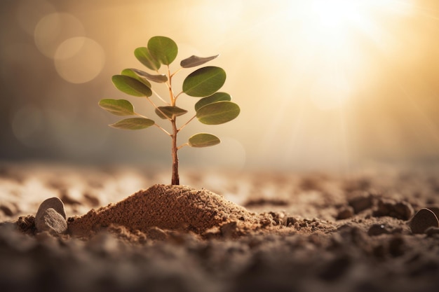 Jeune plante verte poussant à partir du sol sur fond flou Concept du jour de la Terre