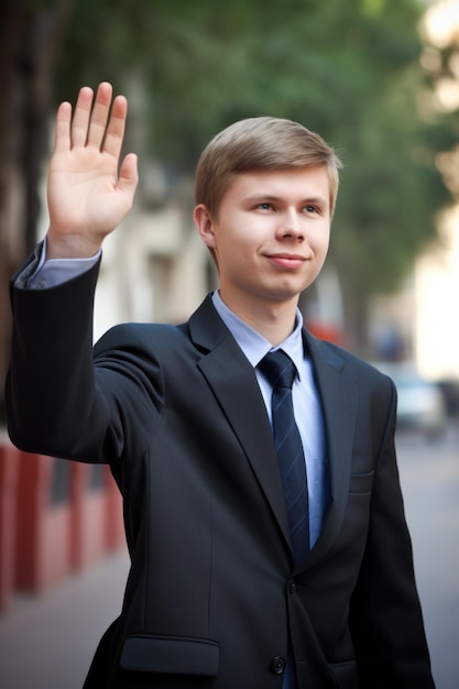 un jeune politicien offrant sa main en guise de salut créé avec l'IA générative