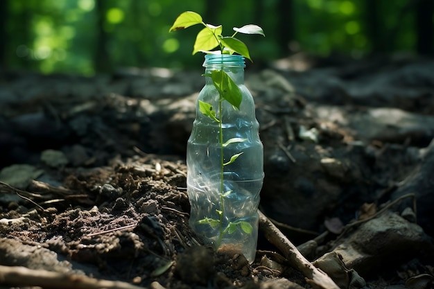 Une jeune pousse pousse dans une bouteille en plastique