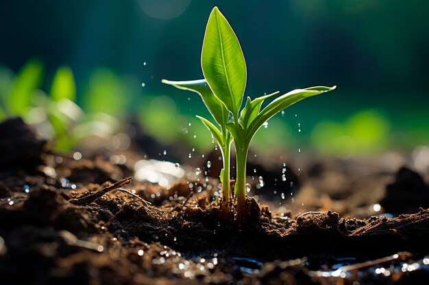 Jeune pousse verte de semis de maïs poussant sur un sol fertile ai génératrice