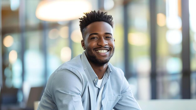 Un jeune professionnel afro-américain est assis dans un bureau moderne il porte une chemise décontractée et a un sourire amical sur son visage