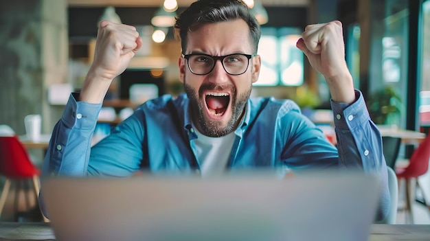 Jeune professionnel excité célébrant le succès au travail homme énergique avec un ordinateur portable expression de victoire dans un bureau décontracté moment de triomphe personnel capturé AI