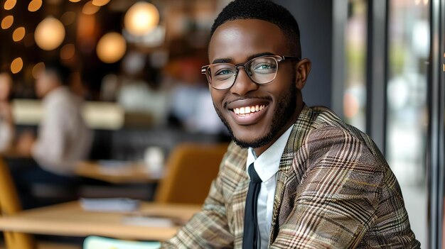 Un jeune professionnel portant des lunettes et un costume est assis dans un café et sourit