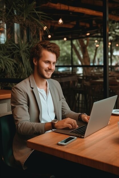 Un jeune professionnel travaille sur son ordinateur portable dans un café.