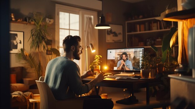 Photo un jeune professionnel en vidéoconférence avec des collègues tout en travaillant à domicile dans un appartement confortable