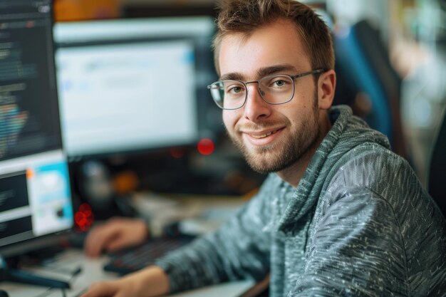 Un jeune programmeur souriant qui regarde directement la caméra alors qu'il est assis à son bureau.