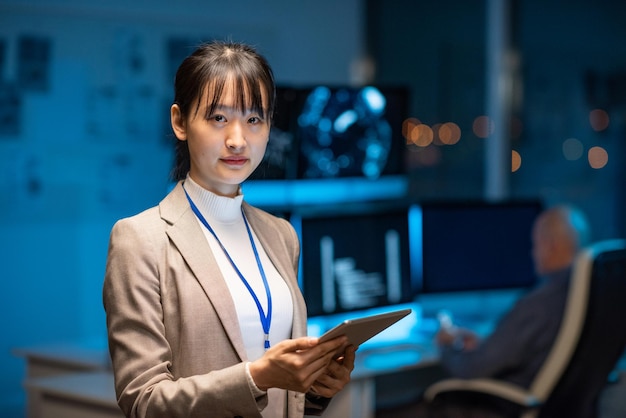 Jeune programmeuse ou développeur féminine sérieuse en tenues de soirée