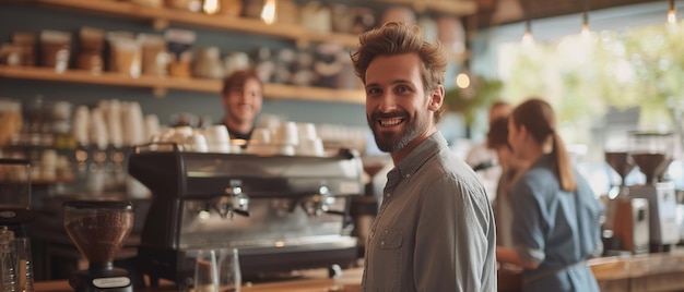 Un jeune propriétaire de café se tient derrière le comptoir et vend dans un café.