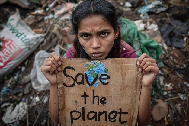 Un jeune proteste avec un panneau Sauver la planète à côté d'une décharge illégale de déchets plastiques