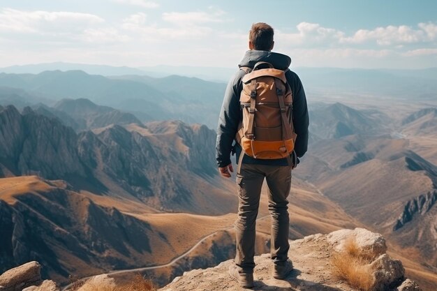 Jeune randonneur avec un sac à dos dans les montagnes