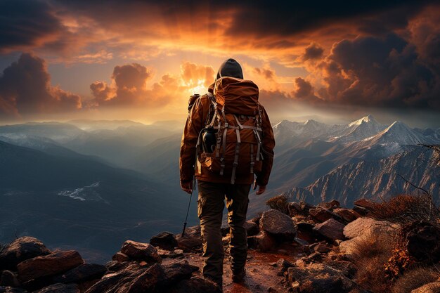 jeune randonneur avec sac à dos randonnée au sommet de la montagne avec un ciel magnifique et des rayons de soleil