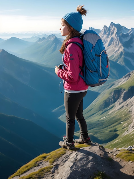 Jeune randonneuse aventureuse lors d'une randonnée en montagne