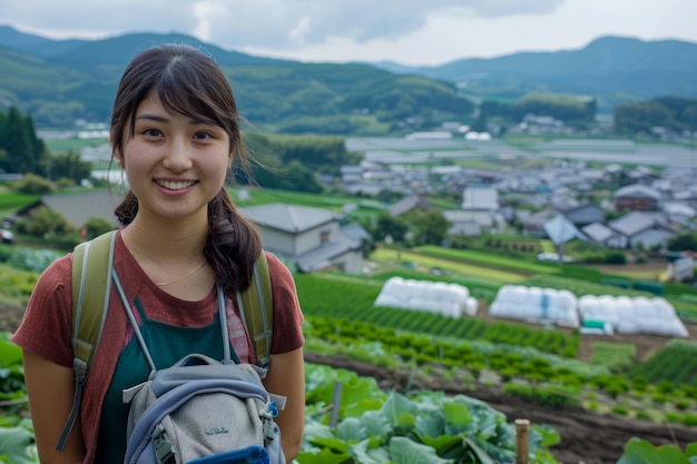 Une jeune randonneuse souriante dans un paysage rural avec un village et des terres agricoles en arrière-plan