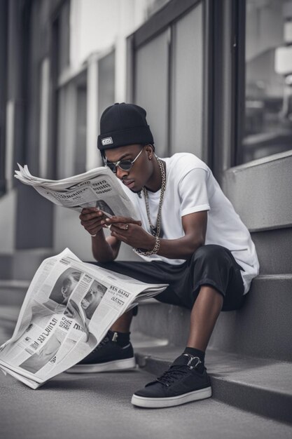 jeune rappeur hip hop de rue lisant le journal dans les rues graffitis urbains derrière