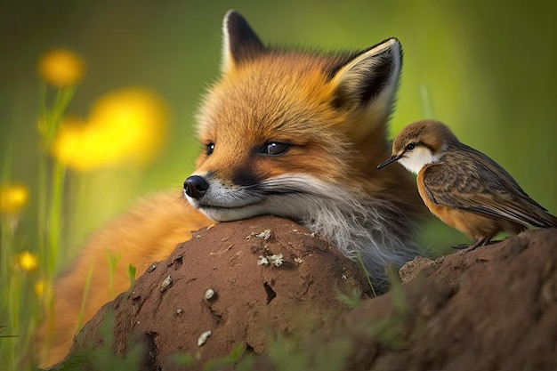 Jeune renard câlin avec un oiseau