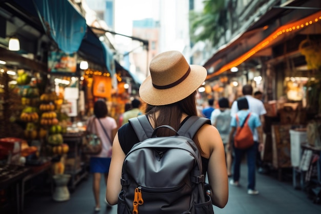 Jeune routard asiatique voyageant au marché extérieur de Khaosan Road à Bangkok en Thaïlande