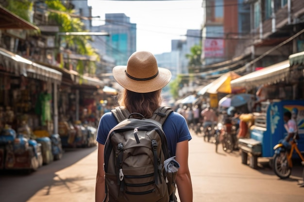 Jeune routard asiatique voyageant au marché extérieur de Khaosan Road à Bangkok en Thaïlande