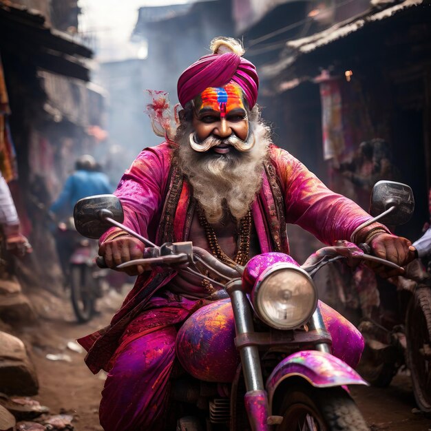 le jeune sadhu ji avec le bullet bike jouant à holi l'indien sadhu yogi ji jouant au festival de holi