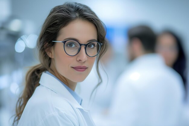 Une jeune scientifique avec des lunettes dans un centre de recherche de haute technologie