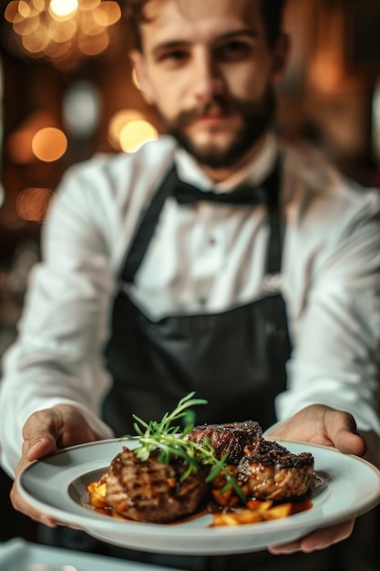 Un jeune serveur qui sert un délicieux steak dans un restaurant haut de gamme.