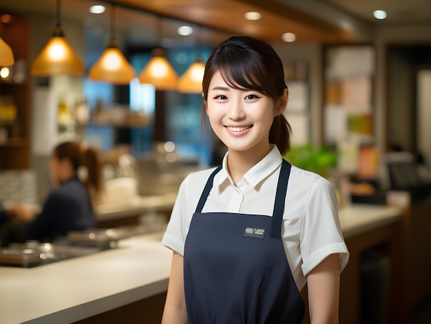 Une jeune serveuse asiatique souriante