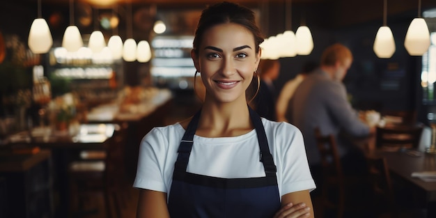 Une jeune serveuse joyeuse portant un tablier souriante