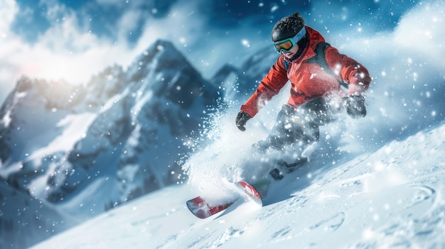 Un jeune snowboarder descend une montagne alpine à grande vitesse.