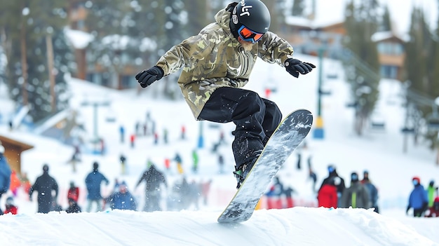 Photo jeune snowboarder masculin sautant d'une pente enneigée il porte un casque et un équipement de protection il y a des arbres et d'autres skieurs en arrière-plan