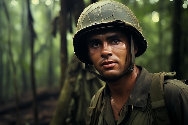 jeune soldat caucasien en casque et en uniforme rétro debout dans la forêt de la guerre du Vietnam