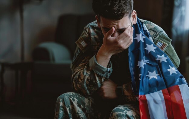 Un jeune soldat est assis contemplativement avec sa main sur le visage tenant le drapeau américain dans une pièce faiblement éclairée