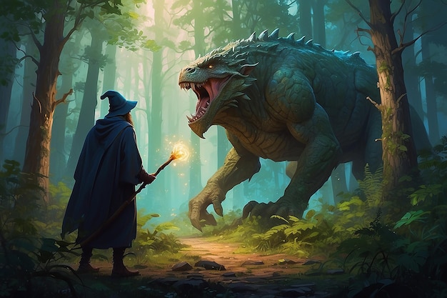 jeune sorcier avec un bâton magique et une créature géante se regardant dans la forêt peinture d'illustration de style artistique numérique