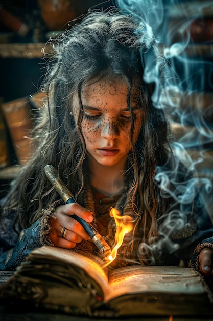 Photo une jeune sorcière mystérieuse écrit dans un livre ancien au milieu de braises magiques et de fumée dans le noir.