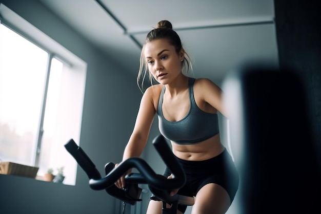 Une jeune sportive attrayante qui s'entraîne sur un vélo d'exercice au gymnase.