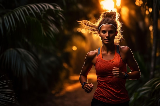 Jeune sportive de fitness, coureuse de trail dans le parc de la forêt tropicale le soir.