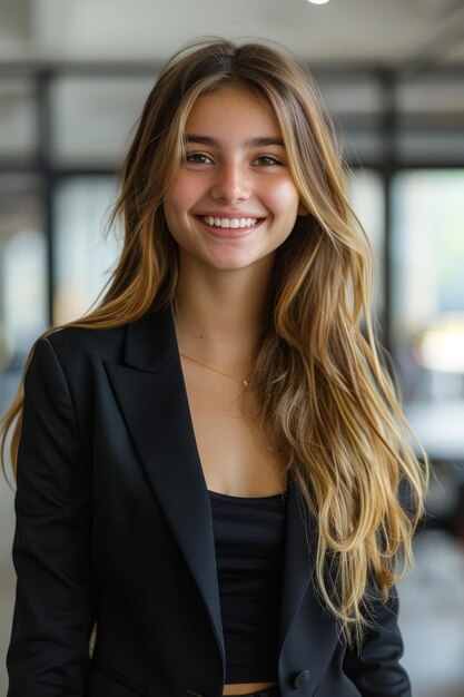 Une jeune stagiaire réussie souriante et regardant la caméra dans un bureau moderne et lumineux Concept de femme d'affaires ar 23 style brut styliser 250 ID d'emploi 5218338c67964289bd1b01e792e195cd