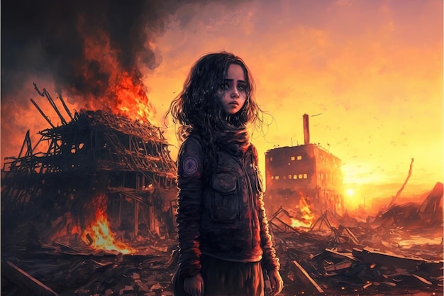 Jeune survivant dans le monde apocalyptique Un enfant sur fond de bâtiments détruits Peinture d'illustration de style art numérique