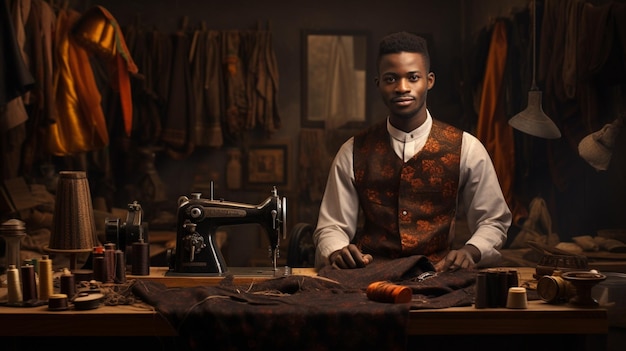 Photo jeune tailleur africain debout avec du matériel de couture