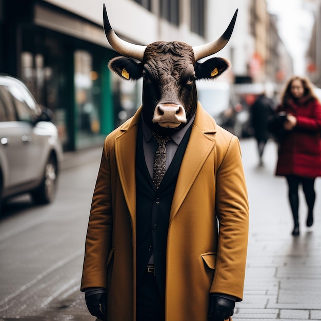 Photo jeune taureau avec une barbe dans une veste noire et un chapeau sur le fond d'une ville jeune taurus avec un