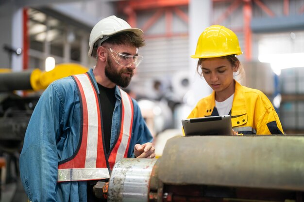Jeune technicien ou réparateur de machines industrielles dans le casque de sécurité et les vêtements de travail dans un grand garage ou atelier.