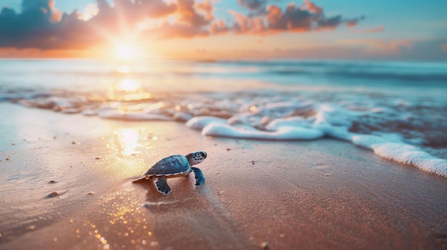 Une jeune tortue se promène sur la plage.