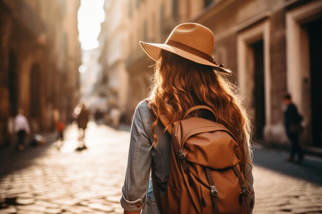 Photo une jeune touriste attrayante explore une nouvelle ville une femme en chapeau avec un sac à dos voyageant un style de vie ensoleillé d'été portrait de mode d'une jeune femme hipster élégante marchant dans la rue