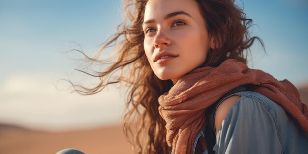 Une jeune touriste est assise sur les dunes de sable sous le soleil brûlant sur le sable.