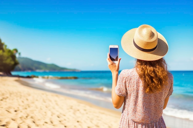 Une jeune touriste prend une photo avec son téléphone portable de la plage d'été