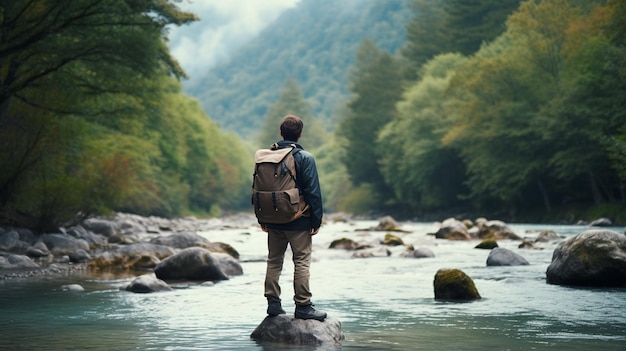 Un jeune touriste sur la rive d'une rivière