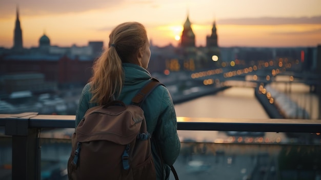 Photo une jeune touriste avec un sac à dos prenant des photos de la ville du soir génère de l'ia