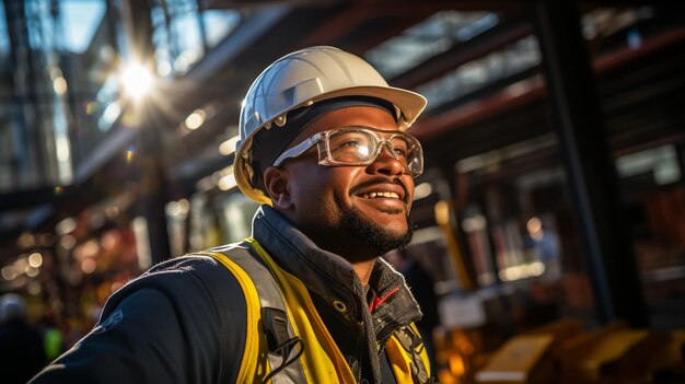 Jeune travailleur de l'industrie lourde caucasien en combinaison de protection et casque utilisant une tablette et un scr