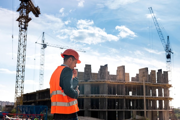 Un jeune travailleur intelligent et fort en salopette et casque se dresse sur un nouveau bâtiment près du concept de construction de grue