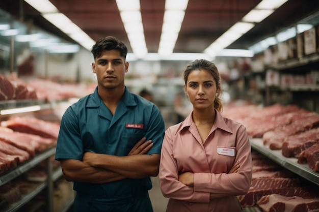 Un jeune travailleur masculin et féminin en uniforme de travail se tient dans un magasin de viande