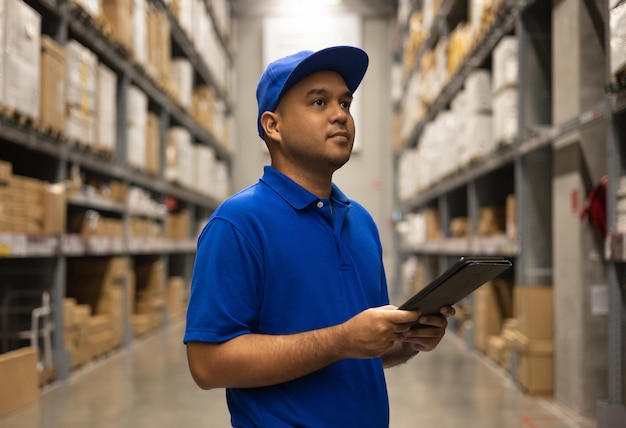 Jeune travailleur en uniforme bleu liste de contrôle gérer le produit de la boîte de colis dans l'entrepôt. Employé asiatique utilisant une tablette travaillant dans l'industrie du magasin. Concept logistique d'import-export.