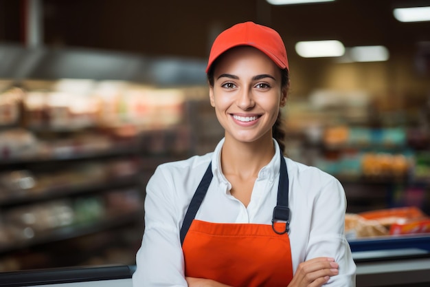 Une jeune travailleuse de supermarché souriante qui regarde la caméra.